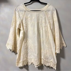 Soft Surroundings Cream Embroidered Cotton Boho Flare Tunic Blouse Medium